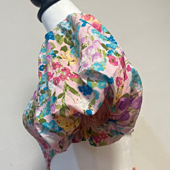 Sky To The Moon Cutout Floral Mini Dress Flare Puff Sleeve Smocked Open Back - Picture 8 of 12